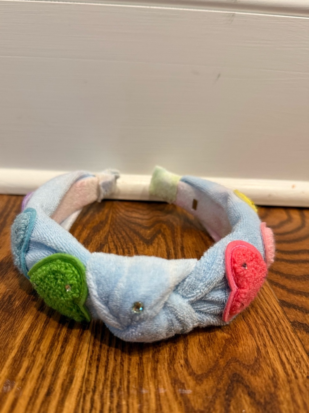 Headband in Blue Terry Cloth with Colorful Hearts